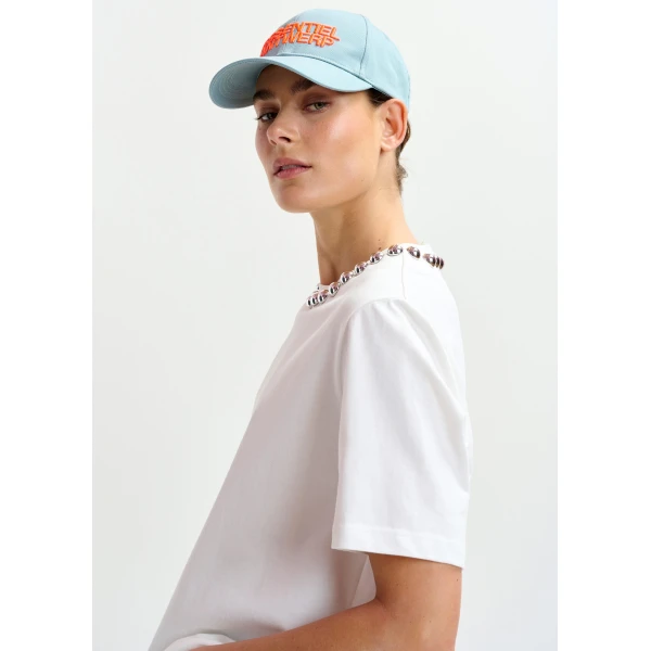 Essentiel Antwerp Off-white and silver cotton T-shirt with metallic pearl-style embellishments Top, view 3
