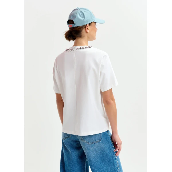 Essentiel Antwerp Off-white and silver cotton T-shirt with metallic pearl-style embellishments Top, view 4