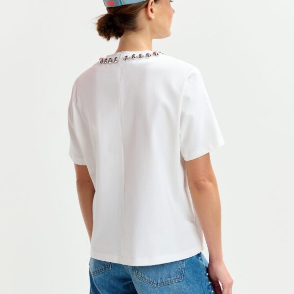 Essentiel Antwerp Off-white and silver cotton T-shirt with metallic pearl-style embellishments - Essentiel Antwerp Shirts - Colorful Belgian Design - Shop at Coveti