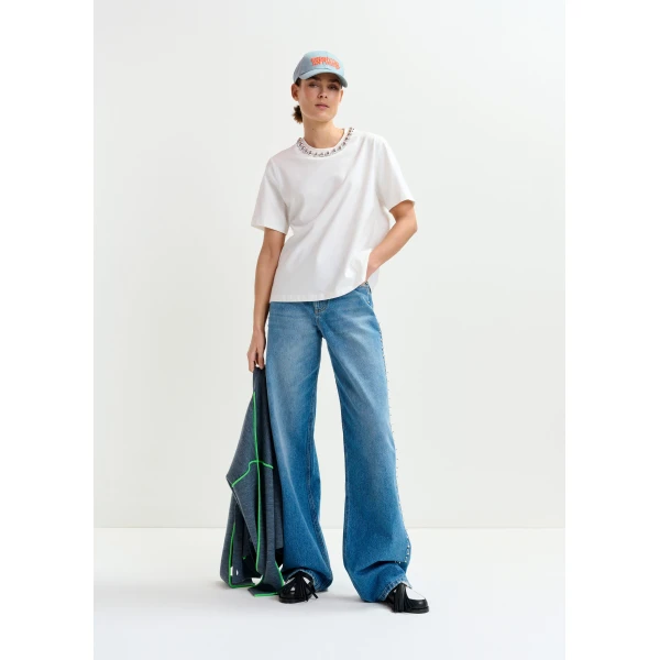 Essentiel Antwerp Off-white and silver cotton T-shirt with metallic pearl-style embellishments Top, view 5