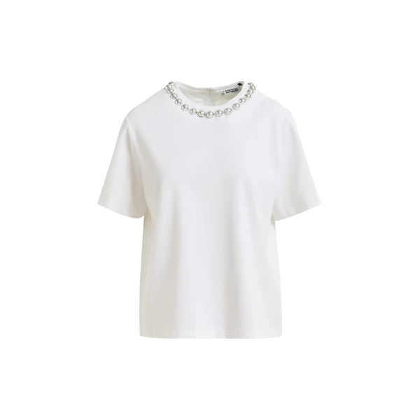 Essentiel Antwerp Off-white and silver cotton T-shirt with metallic pearl-style embellishments - Essentiel Antwerp Shirts - Colorful Belgian Design - Shop at Coveti