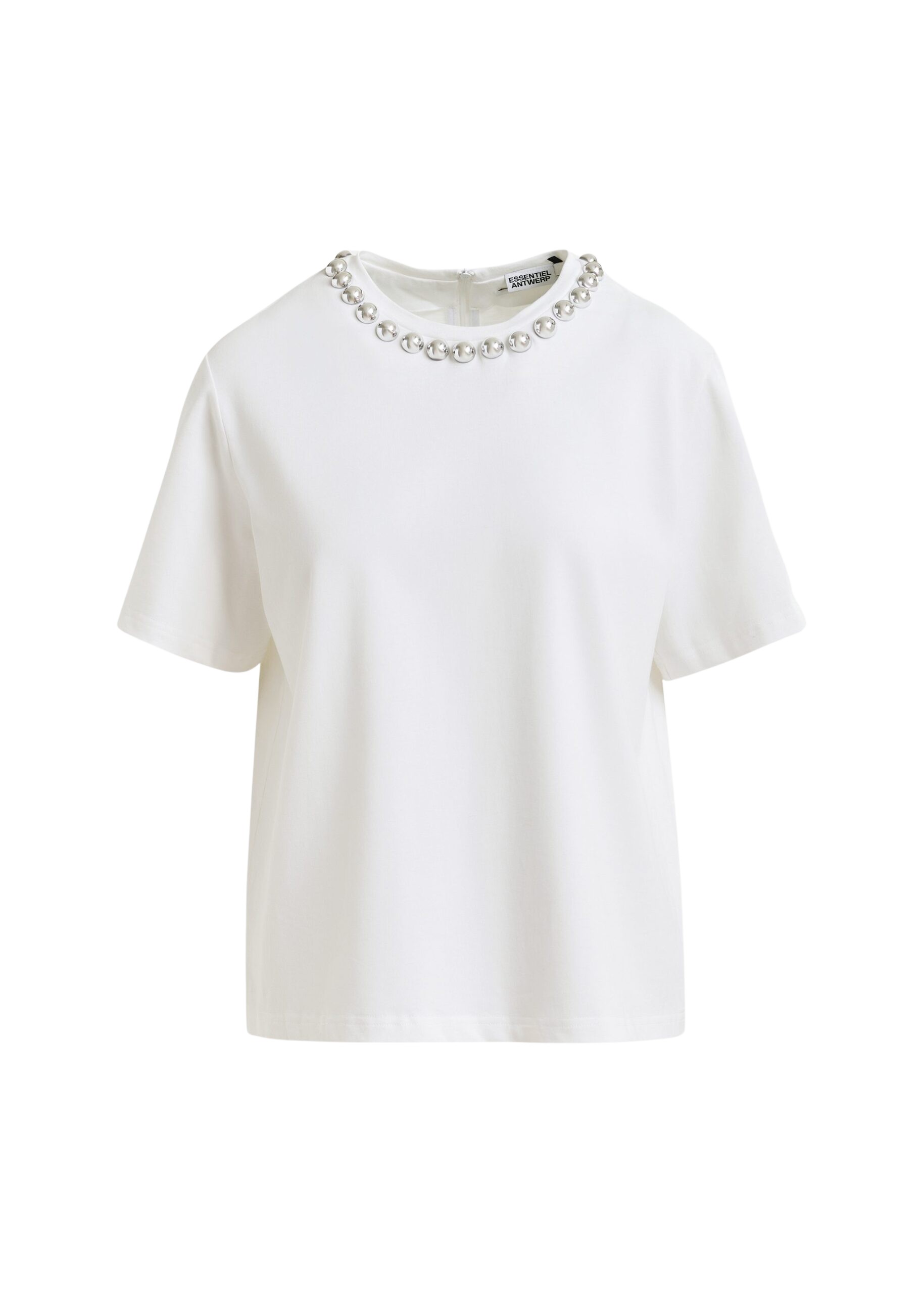 Essentiel Antwerp Off-white and silver cotton T-shirt with metallic pearl-style embellishments - Essentiel Antwerp Shirts - Colorful Belgian Design - Shop at Coveti