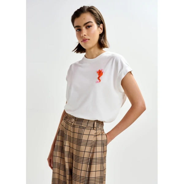 Essentiel Antwerp Off-white cotton T-shirt with bead embroidery Top, view 2