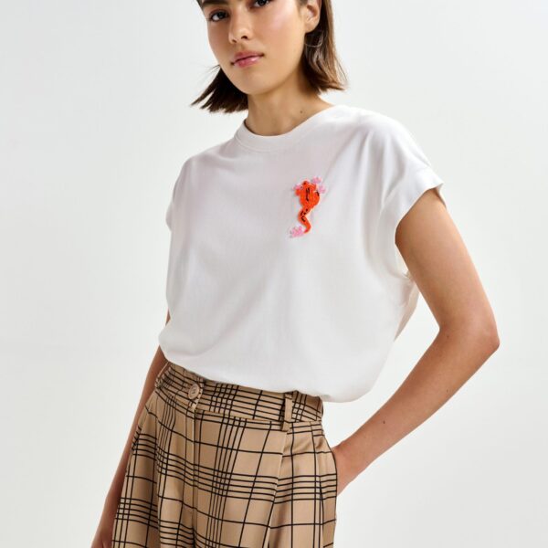 Essentiel Antwerp Off-white cotton T-shirt with bead embroidery - Essentiel Antwerp Shirts - Colorful Belgian Design - Shop at Coveti