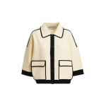 Essentiel Antwerp Off-white knit cardigan with flower buttons and black contrasting trims - Essentiel Antwerp Knitwear - Colorful Belgian Design - Shop at Coveti