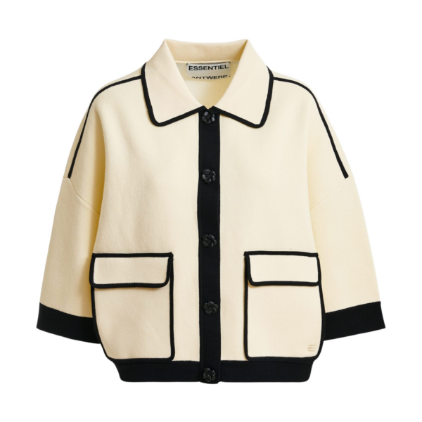 Essentiel Antwerp Off-white knit cardigan with flower buttons and black contrasting trims - Essentiel Antwerp Knitwear - Colorful Belgian Design - Shop at Coveti