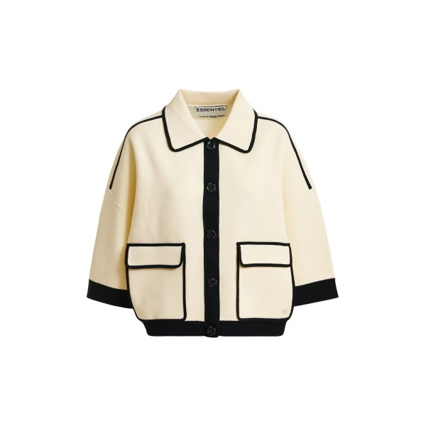 Essentiel Antwerp Off-white knit cardigan with flower buttons and black contrasting trims - Essentiel Antwerp Knitwear - Colorful Belgian Design - Shop at Coveti