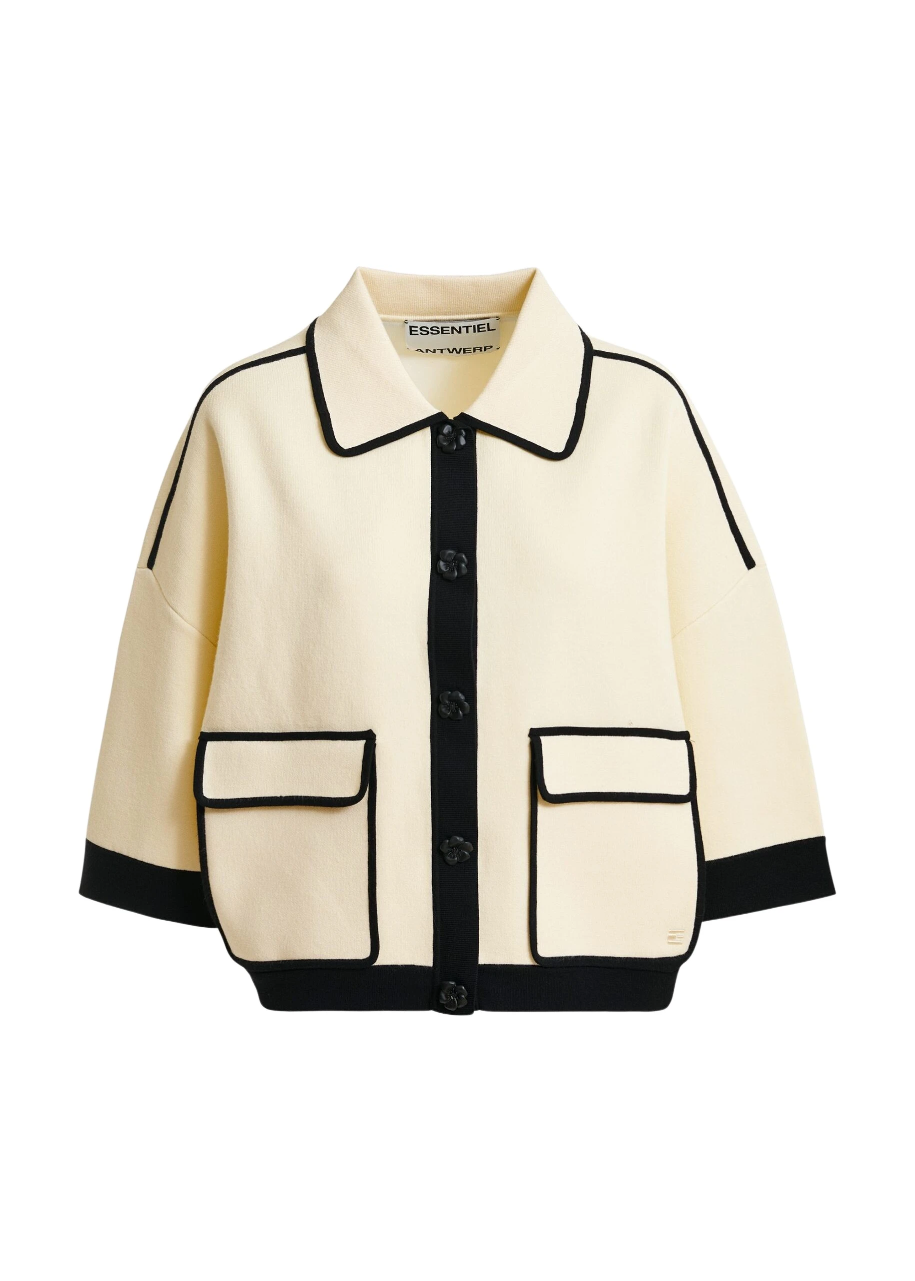 Off-white-knit-cardigan-with-flower-buttons-and-black-contrasting-trims-Essentiel-Antwerp-Knitwear-scaled23022_nobg Essentiel Antwerp Off-white knit cardigan with flower buttons and black contrasting trims - Essentiel Antwerp Knitwear - Colorful Belgian Design - Shop at Coveti