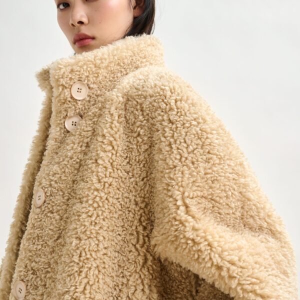 Essentiel Antwerp Off-white oversized faux shearling coat with stand-up collar - Essentiel Antwerp Coats - Colorful Belgian Design - Shop at Coveti