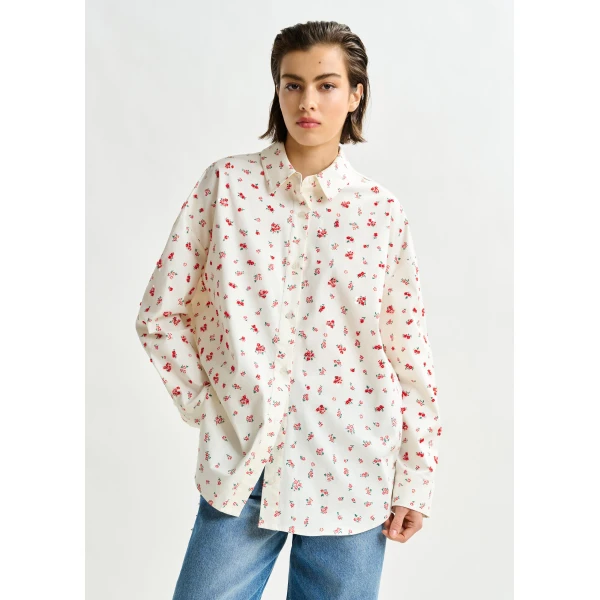 Essentiel Antwerp Off-white, red and green floral-print cotton-blend shirt, view 2