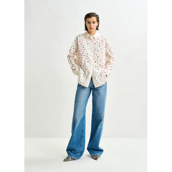 Essentiel Antwerp Off-white, red and green floral-print cotton-blend shirt, view 5