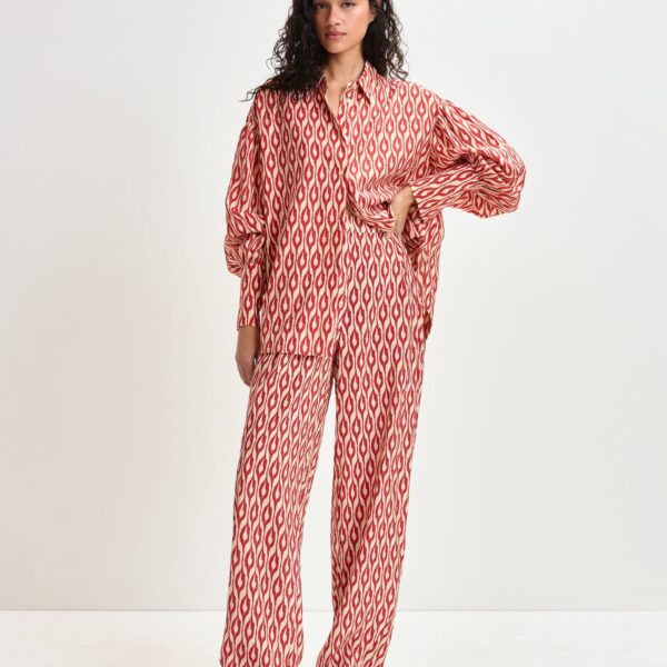 Essentiel Antwerp Orange and beige barrel-leg printed pants - Essentiel Antwerp Pants - Colorful Belgian Design - Shop at Coveti