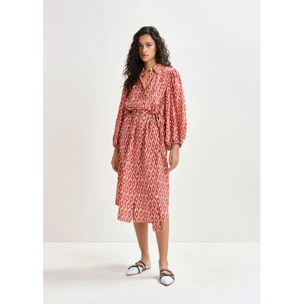 Essentiel Antwerp Orange and beige printed oversized shirt dress with voluminous sleeves, view 2