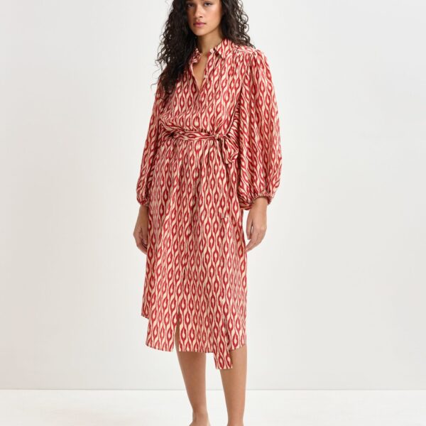 Essentiel Antwerp Orange and beige printed oversized shirt dress with voluminous sleeves - Essentiel Antwerp Dresses - Colorful Belgian Design - Shop at Coveti