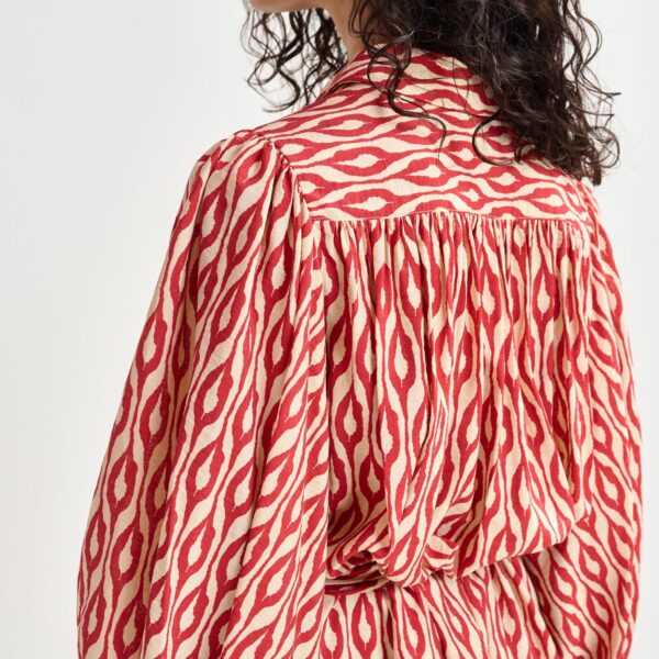 Essentiel Antwerp Orange and beige printed oversized shirt dress with voluminous sleeves - Essentiel Antwerp Dresses - Colorful Belgian Design - Shop at Coveti