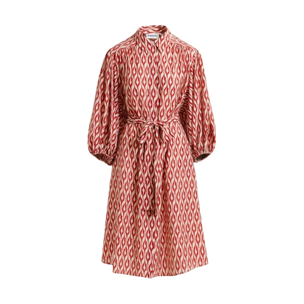 Essentiel Antwerp Orange and beige printed oversized shirt dress with voluminous sleeves - Essentiel Antwerp Dresses - Colorful Belgian Design - Shop at Coveti