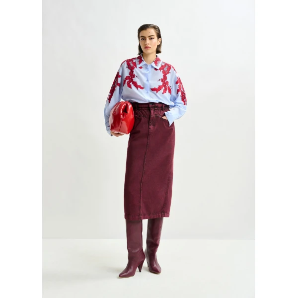 Essentiel Antwerp Overdyed Burdundy midi skirt with paperbag waist, view 2