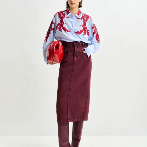 Essentiel Antwerp Overdyed Burdundy midi skirt with paperbag waist - Essentiel Antwerp Skirts - Colorful Belgian Design - Shop at Coveti