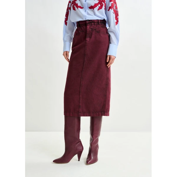 Essentiel Antwerp Overdyed Burdundy midi skirt with paperbag waist, view 3