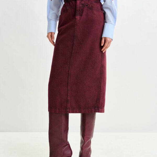 Essentiel Antwerp Overdyed Burdundy midi skirt with paperbag waist - Essentiel Antwerp Skirts - Colorful Belgian Design - Shop at Coveti