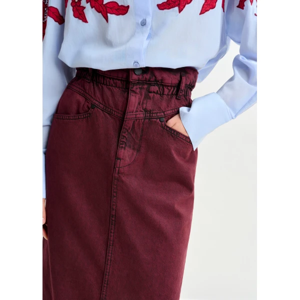 Essentiel Antwerp Overdyed Burdundy midi skirt with paperbag waist, view 4