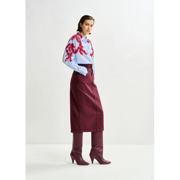 Essentiel Antwerp Overdyed Burdundy midi skirt with paperbag waist, view 5