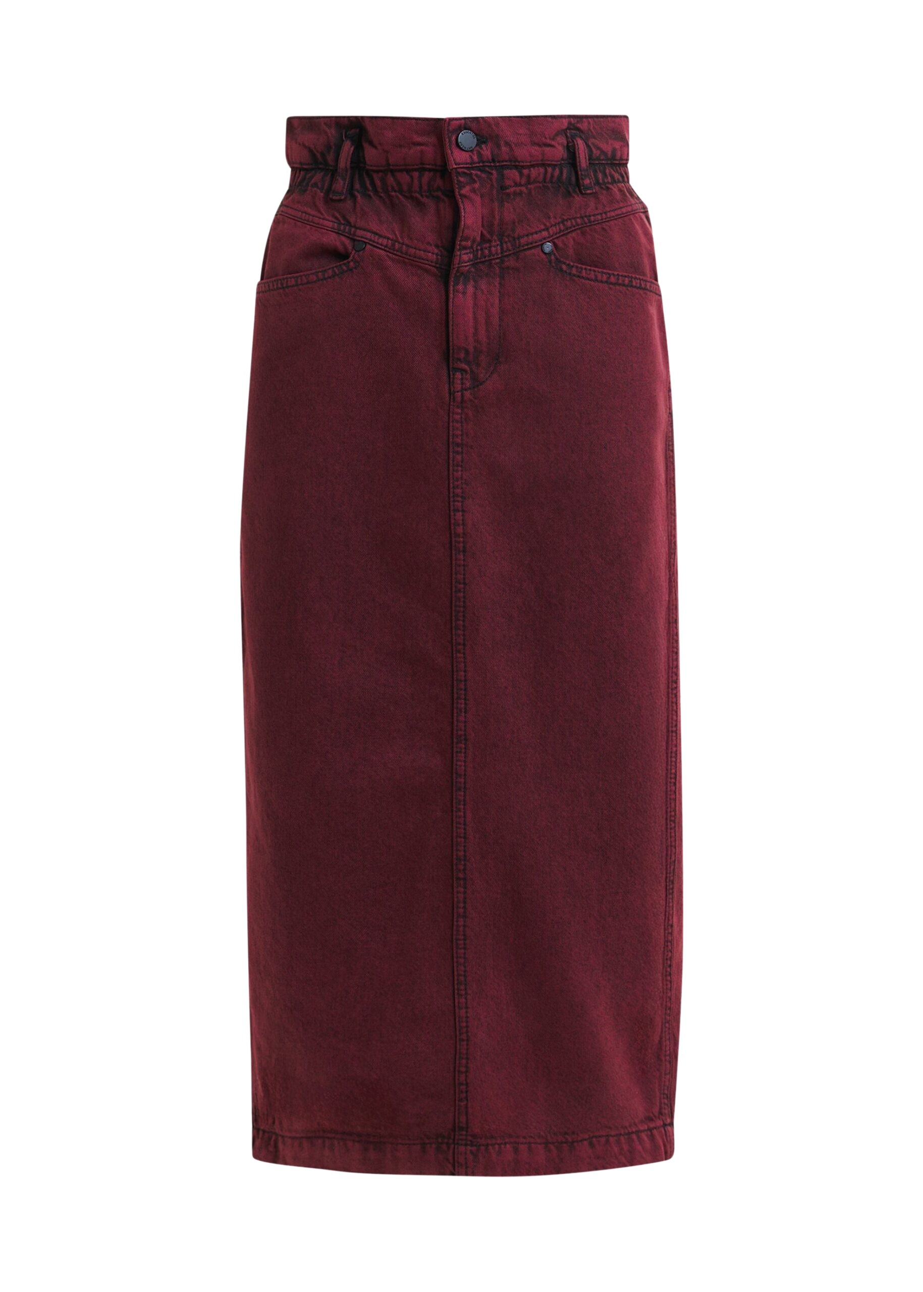 Essentiel Antwerp Overdyed Burdundy midi skirt with paperbag waist
