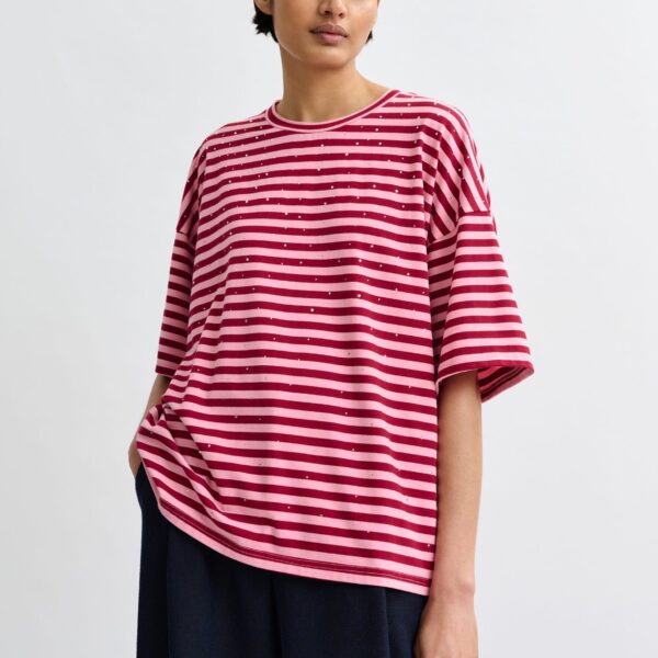 Essentiel Antwerp Pink and burgundy striped rhinestone-embellished oversized cotton T-shirt - Essentiel Antwerp Shirts - Colorful Belgian Design - Shop at Coveti