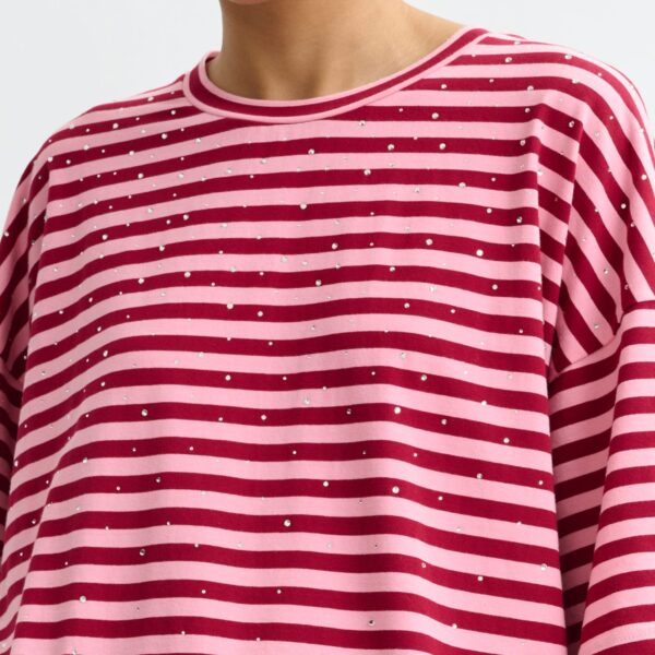 Essentiel Antwerp Pink and burgundy striped rhinestone-embellished oversized cotton T-shirt - Essentiel Antwerp Shirts - Colorful Belgian Design - Shop at Coveti