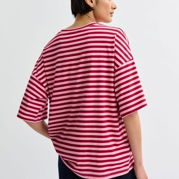 Essentiel Antwerp Pink and burgundy striped rhinestone-embellished oversized cotton T-shirt - Essentiel Antwerp Shirts - Colorful Belgian Design - Shop at Coveti