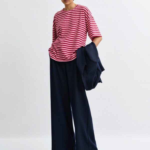Essentiel Antwerp Pink and burgundy striped rhinestone-embellished oversized cotton T-shirt - Essentiel Antwerp Shirts - Colorful Belgian Design - Shop at Coveti
