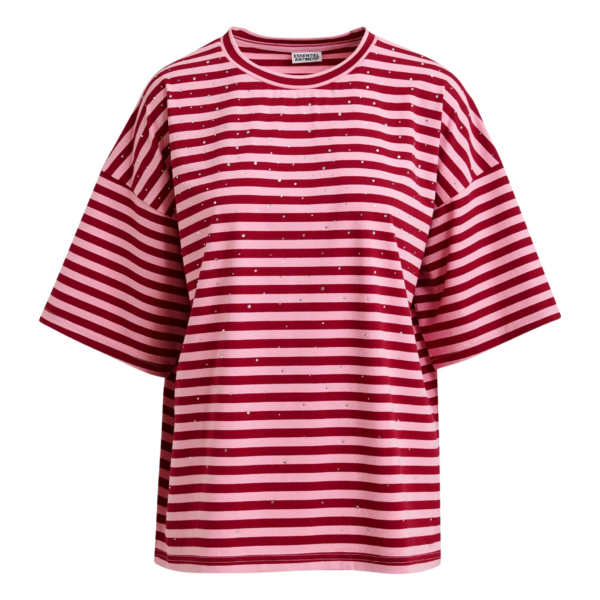 Essentiel Antwerp Pink and burgundy striped rhinestone-embellished oversized cotton T-shirt - Essentiel Antwerp Shirts - Colorful Belgian Design - Shop at Coveti