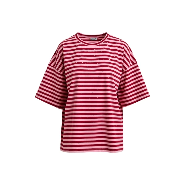 Essentiel Antwerp Pink and burgundy striped rhinestone-embellished oversized cotton T-shirt - Essentiel Antwerp Shirts - Colorful Belgian Design - Shop at Coveti