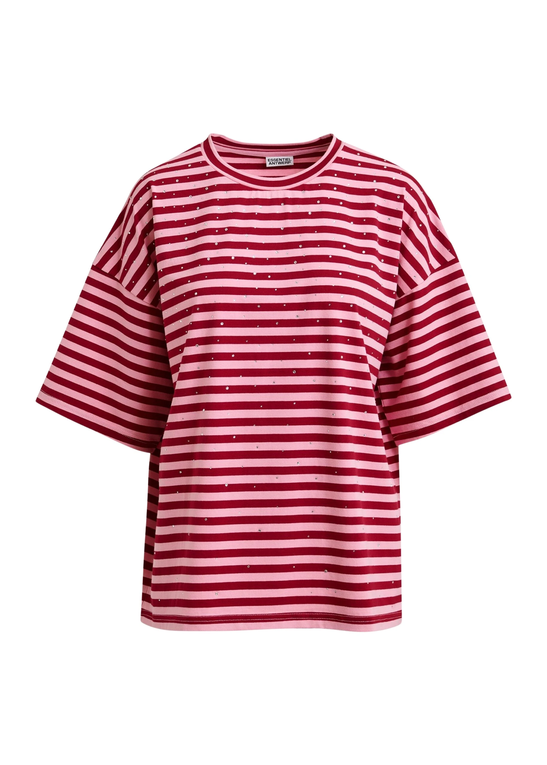 Essentiel Antwerp Pink and burgundy striped rhinestone-embellished oversized cotton T-shirt - Essentiel Antwerp Shirts - Colorful Belgian Design - Shop at Coveti