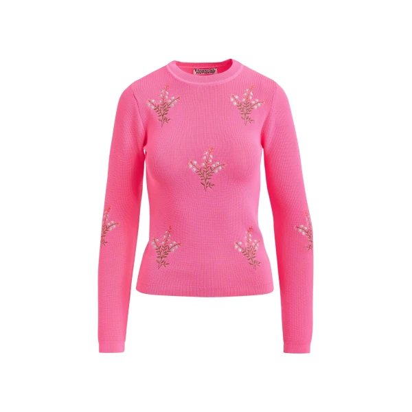 Essentiel Antwerp Pink knitted sweater with floral embroideries - Essentiel Antwerp Knitwear - Colorful Belgian Design - Shop at Coveti