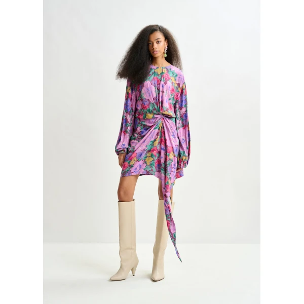 Essentiel Antwerp Purple and multicolor gathered mini dress with draped skirt, view 2