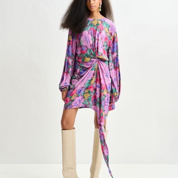 Essentiel Antwerp Purple and multicolor gathered mini dress with draped skirt - Essentiel Antwerp Dresses - Colorful Belgian Design - Shop at Coveti