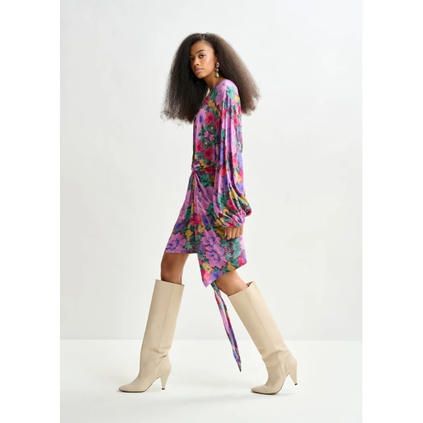 Essentiel Antwerp Purple and multicolor gathered mini dress with draped skirt, view 3