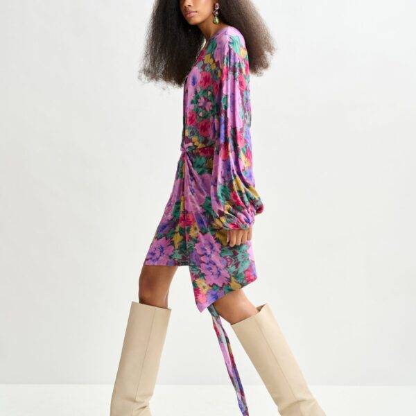 Essentiel Antwerp Purple and multicolor gathered mini dress with draped skirt - Essentiel Antwerp Dresses - Colorful Belgian Design - Shop at Coveti
