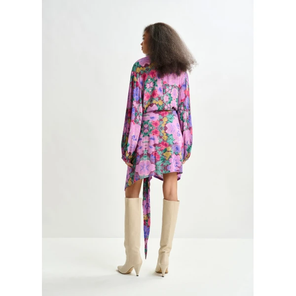 Essentiel Antwerp Purple and multicolor gathered mini dress with draped skirt, view 4
