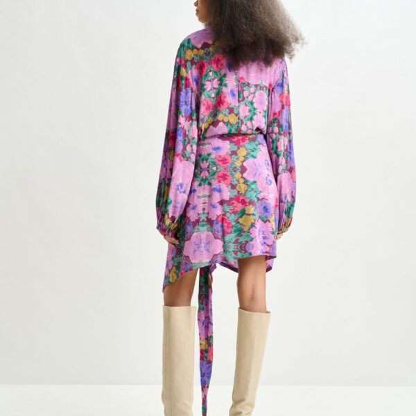 Essentiel Antwerp Purple and multicolor gathered mini dress with draped skirt - Essentiel Antwerp Dresses - Colorful Belgian Design - Shop at Coveti