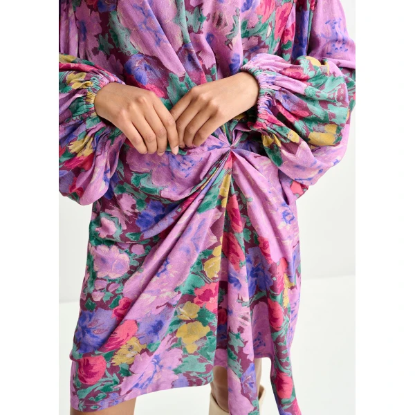 Essentiel Antwerp Purple and multicolor gathered mini dress with draped skirt, view 5