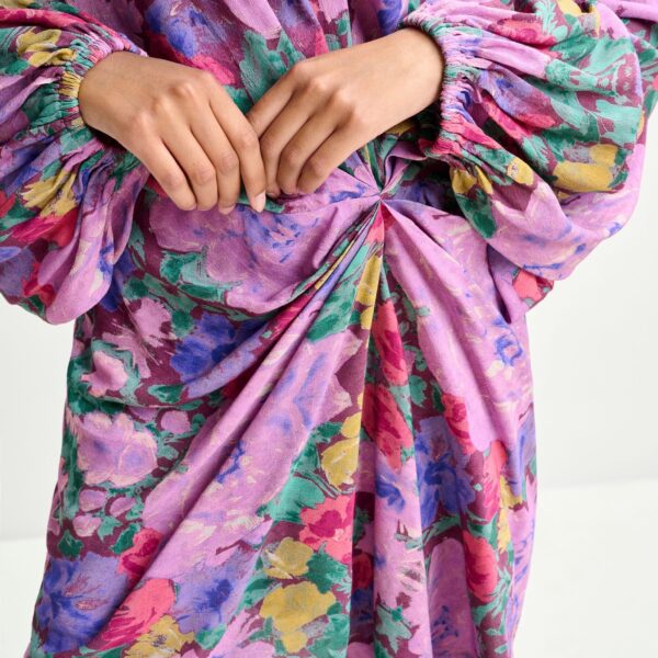 Essentiel Antwerp Purple and multicolor gathered mini dress with draped skirt - Essentiel Antwerp Dresses - Colorful Belgian Design - Shop at Coveti