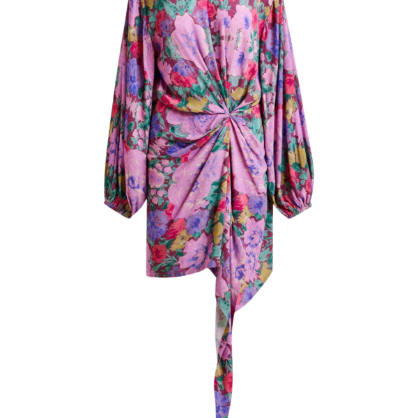 Essentiel Antwerp Purple and multicolor gathered mini dress with draped skirt - Essentiel Antwerp Dresses - Colorful Belgian Design - Shop at Coveti