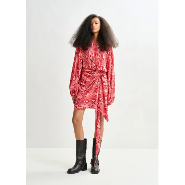 Essentiel Antwerp Red and orange gathered mini dress with draped skirt, view 2