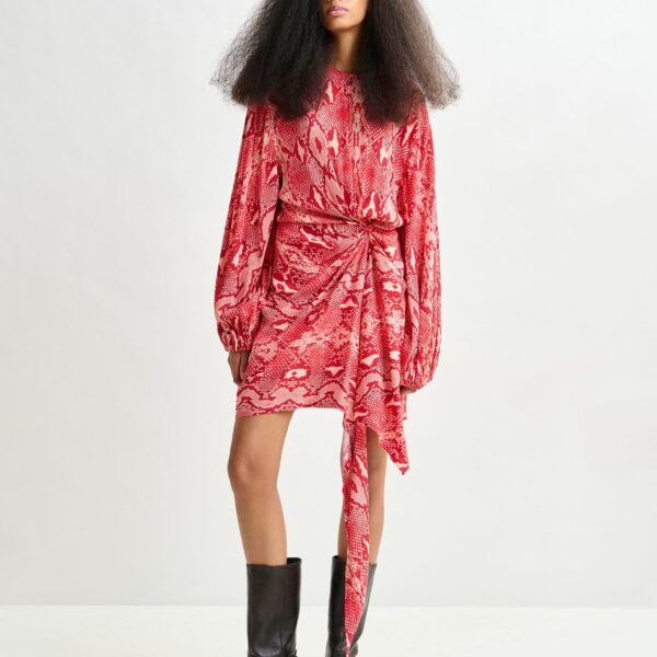 Essentiel Antwerp Red and orange gathered mini dress with draped skirt - Essentiel Antwerp Dresses - Colorful Belgian Design - Shop at Coveti