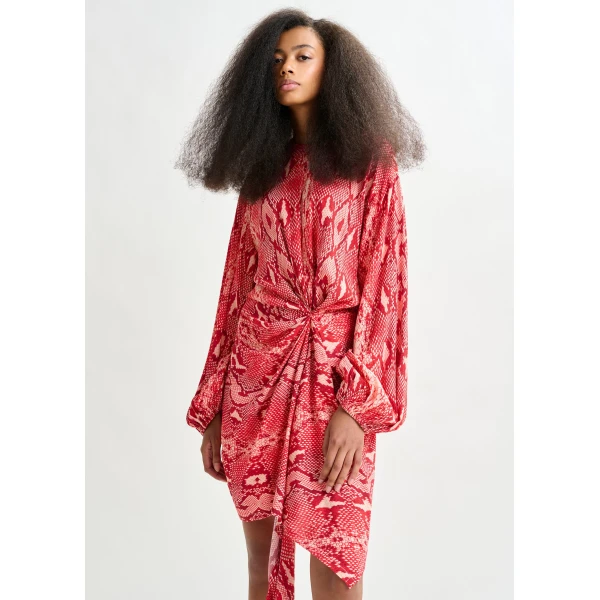 Essentiel Antwerp Red and orange gathered mini dress with draped skirt, view 4