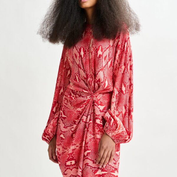 Essentiel Antwerp Red and orange gathered mini dress with draped skirt - Essentiel Antwerp Dresses - Colorful Belgian Design - Shop at Coveti