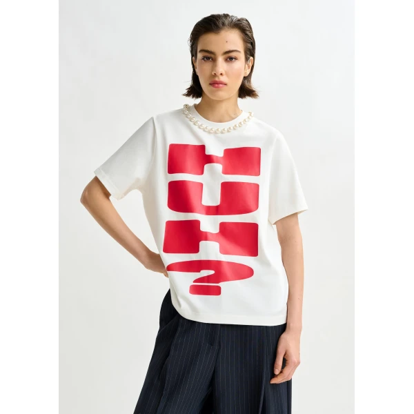 Essentiel Antwerp Red and white cotton T-shirt with “HUH?”- print and bead embellishments Top, view 2