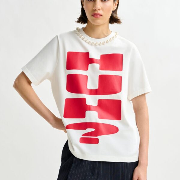 Essentiel Antwerp Red and white cotton T-shirt with "HUH?"- print and bead embellishments - Essentiel Antwerp Shirts - Colorful Belgian Design - Shop at Coveti